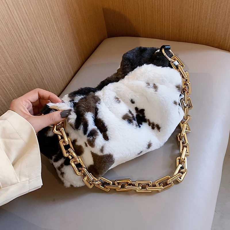 

с досавкой Cow Pattern Soft Faux Fur Small Shoulder Bags Women 2020 Winter Branded Trending Chain Handbags Trending Hand Bag